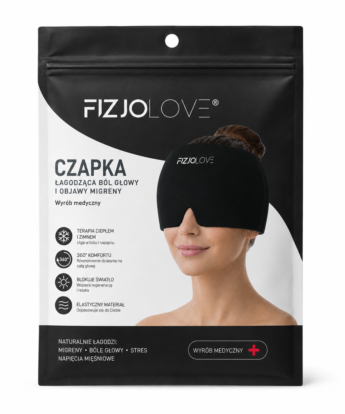 CZAPKA ŁAGODZĄCA MIGRENĘ Ból Głowy Kompres Żelowy Chłodząca Okład Maska - czarna