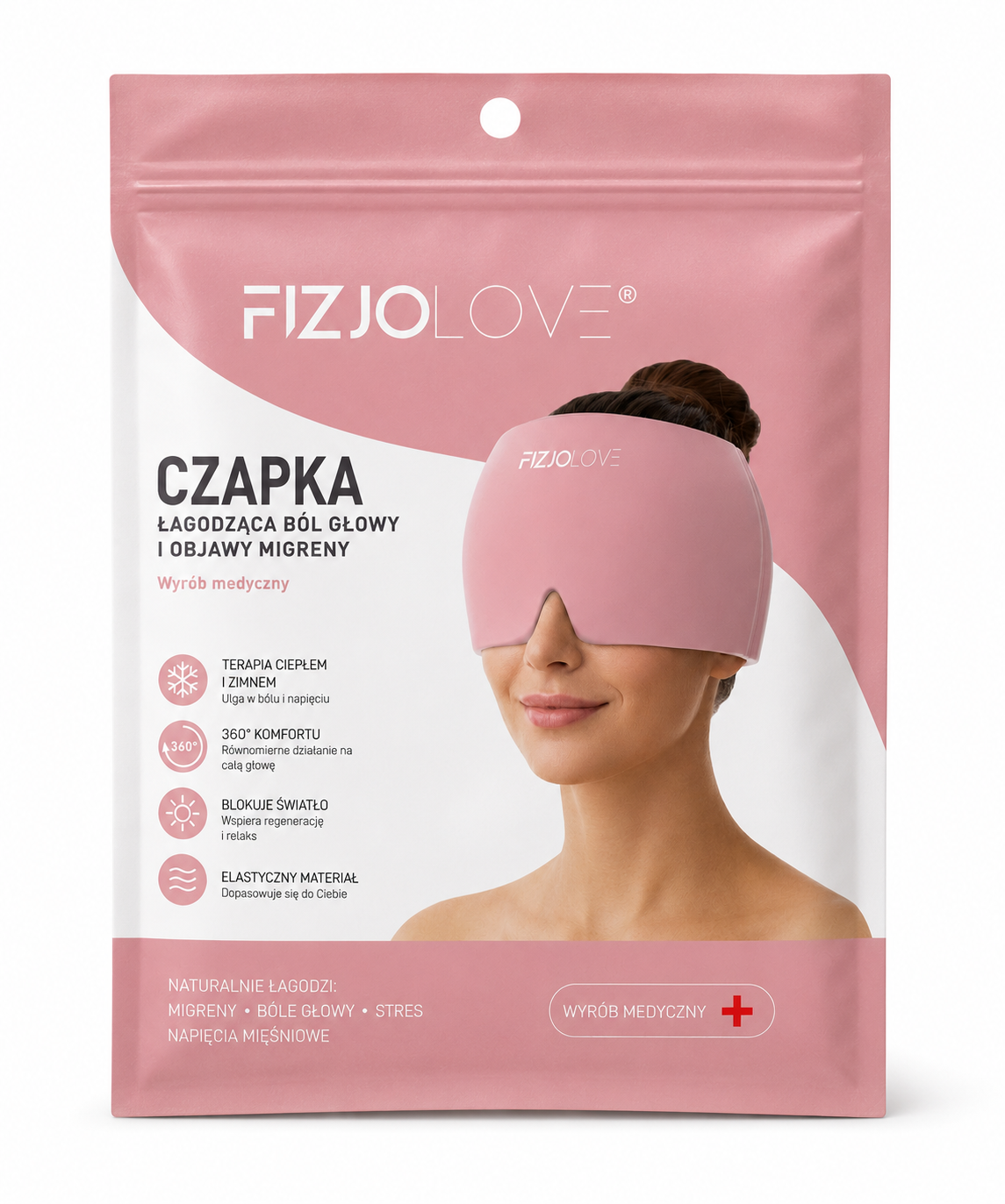 CZAPKA ŁAGODZĄCA MIGRENĘ Ból Głowy Kompres Żelowy Chłodząca Okład Maska - różowa