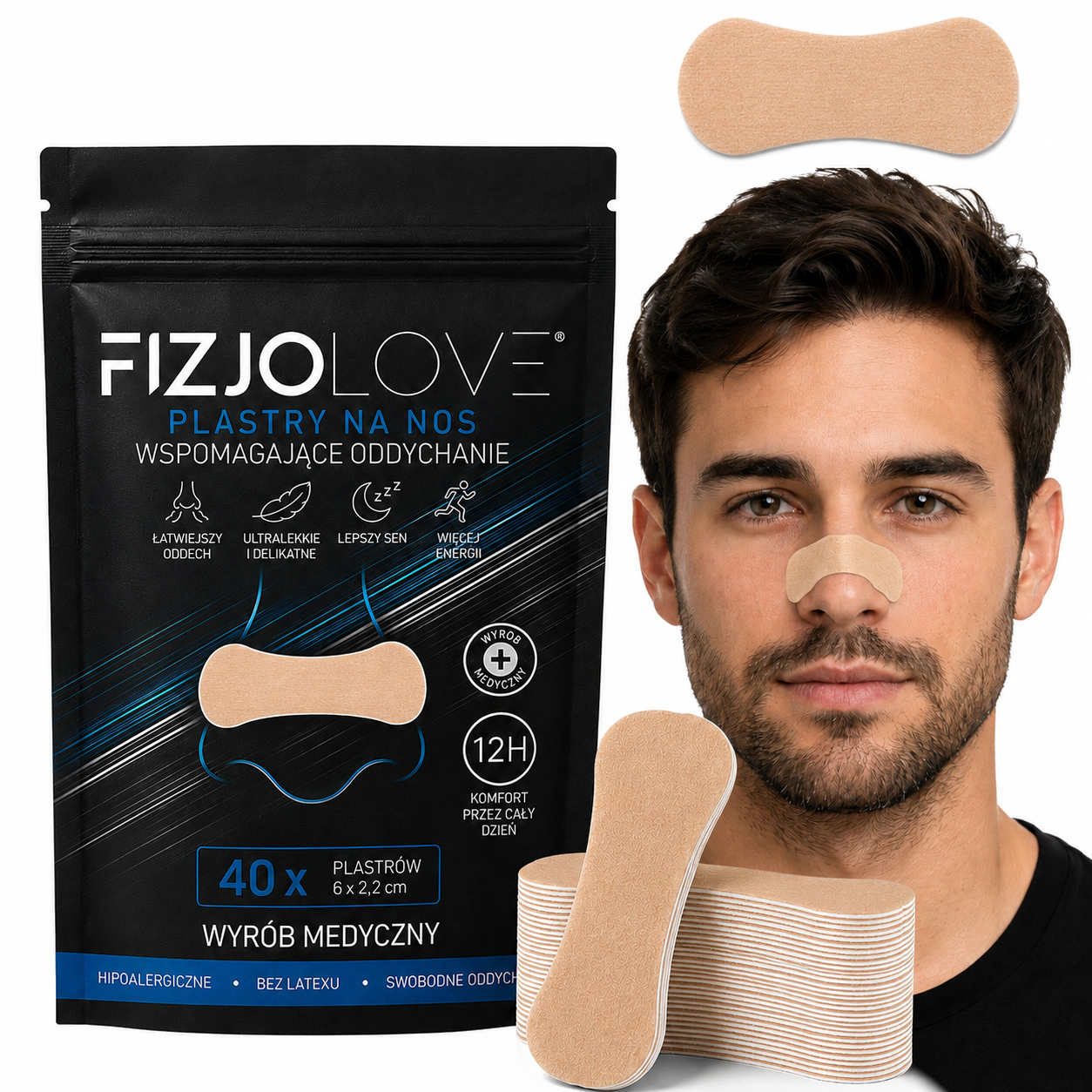 PREMIUM PLASTRY NA NOS FIZJOLOVE - ODDYCHANIE CHRAPANIE SEN TRENING 40 SZT CIELISTE/BEŻ