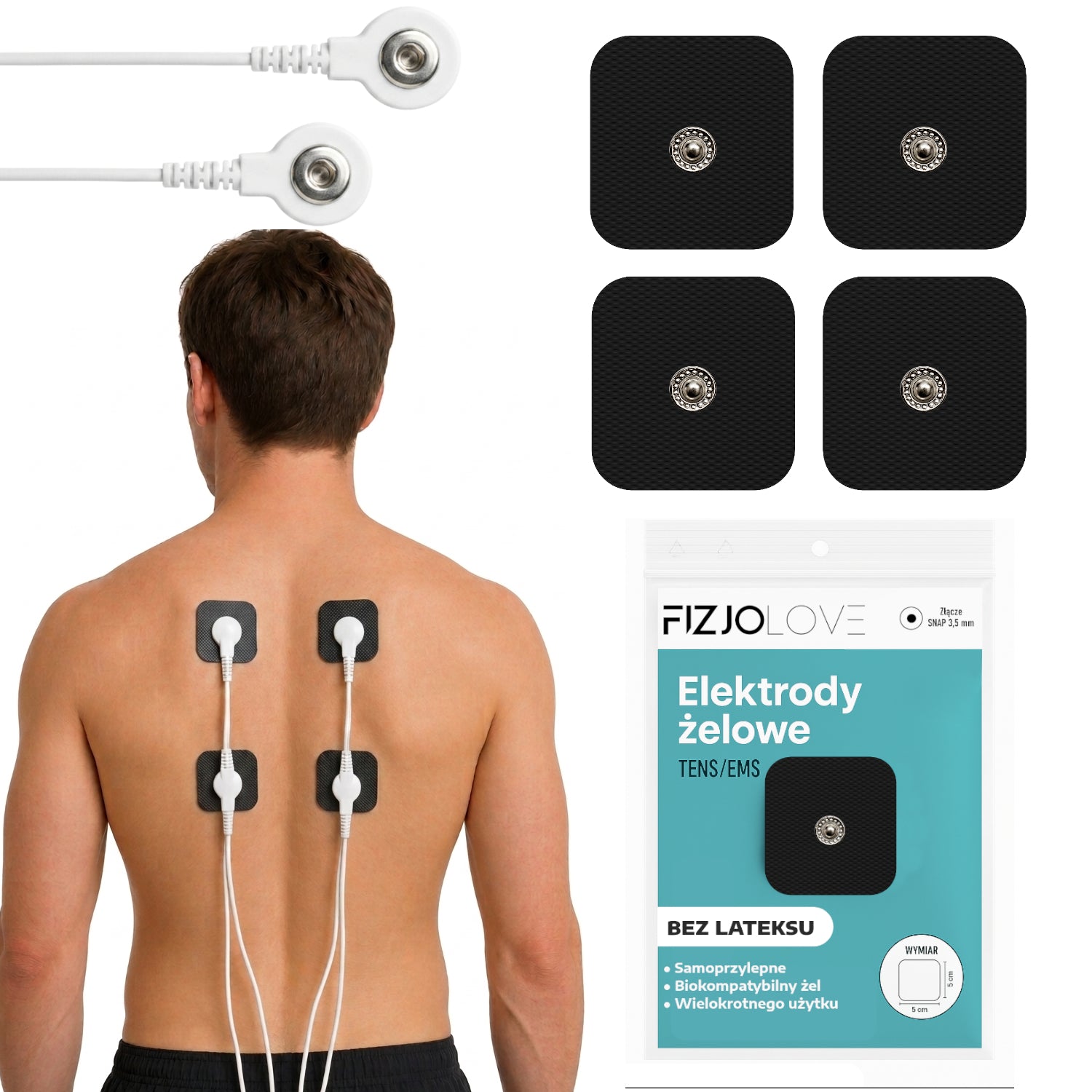 4x ELEKTRODA ŻELOWA ELEKTROSTYMULATOR TENS/EMS ELEKTRODY 2 PARY 5x5 cm SNAP CZARNE