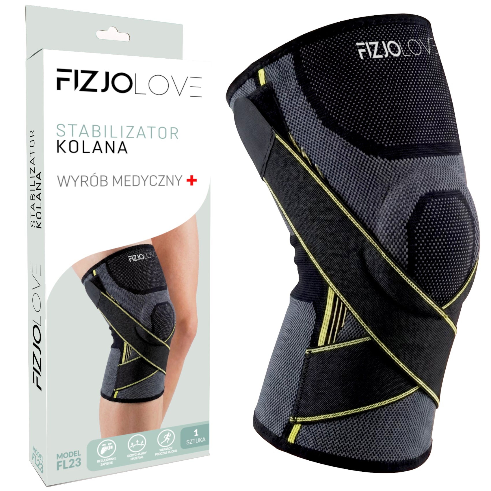 ORTEZA KOLANA STABILIZATOR WSPARCIEM RZEPKI OPASKA NA KOLANO ELASTYCZNA L FIZJOLOVE