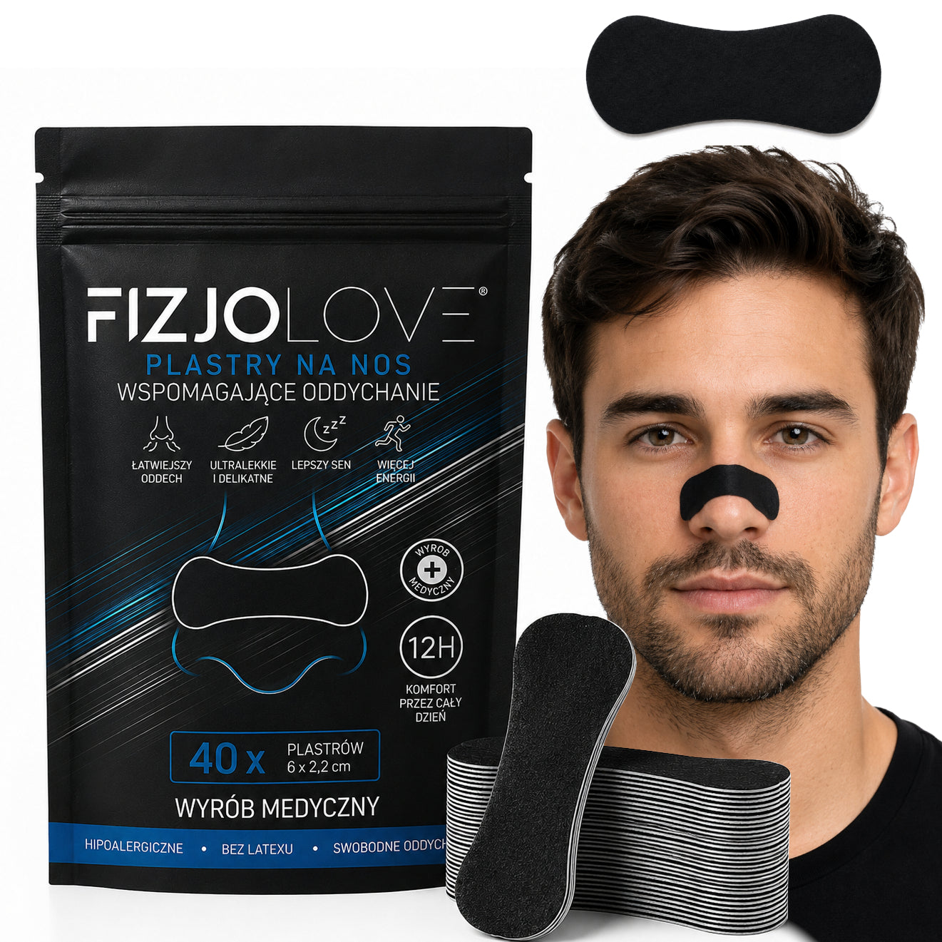 PREMIUM PLASTRY NA NOS FIZJOLOVE - ODDYCHANIE CHRAPANIE SEN TRENING 40 SZT CZARNE