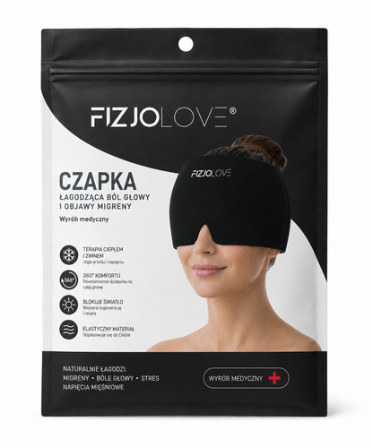 CZAPKA ŁAGODZĄCA MIGRENĘ Ból Głowy Kompres Żelowy Chłodząca Okład Maska - czarna